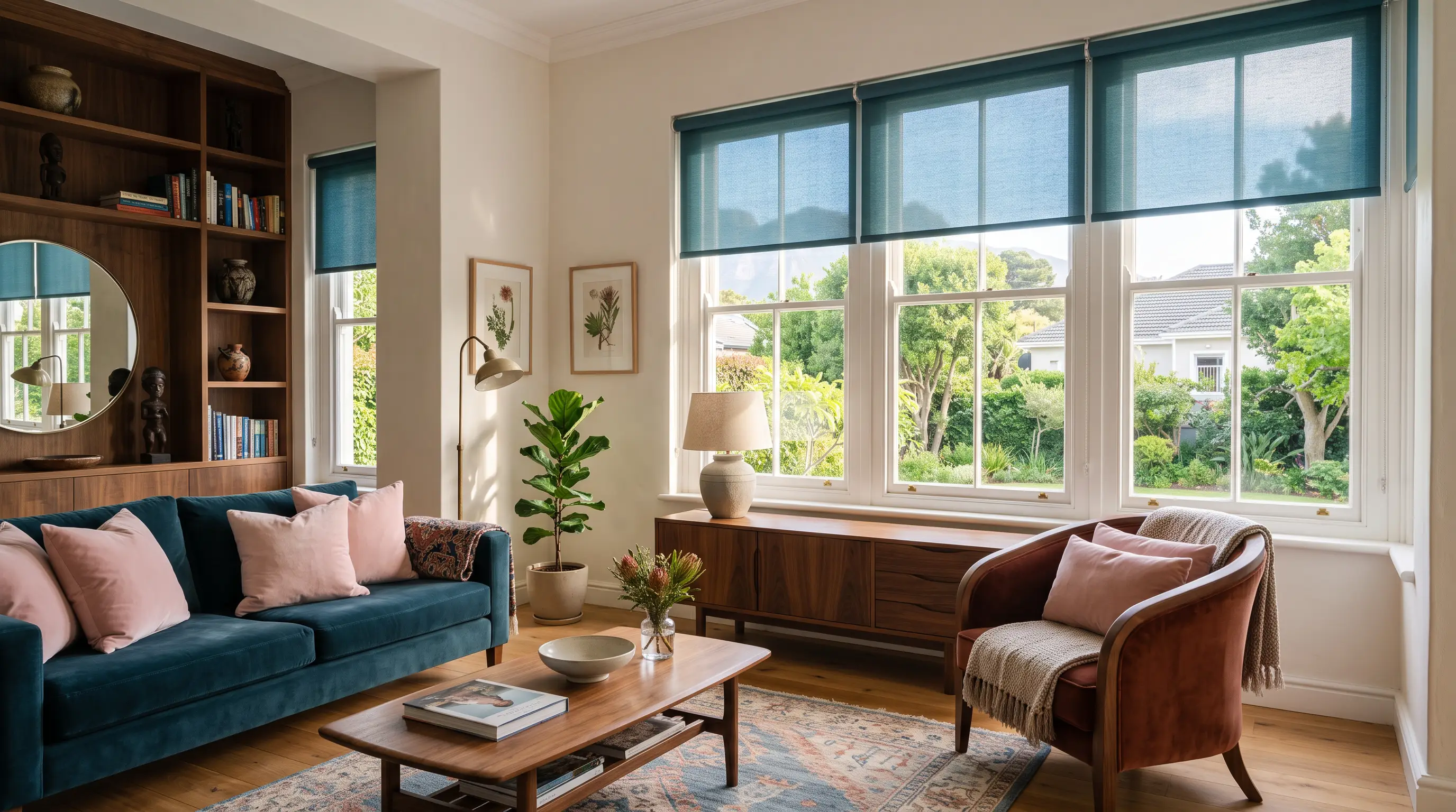 Elegant motorised roller blinds in a Claremont family home living room, Cape Town southern suburbs